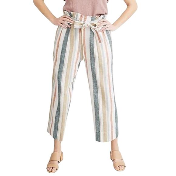 Madewell Pants - Madewell Huston Pants M Multicolor Stripe Linen Blend Tie Pull On Crop Wide Leg